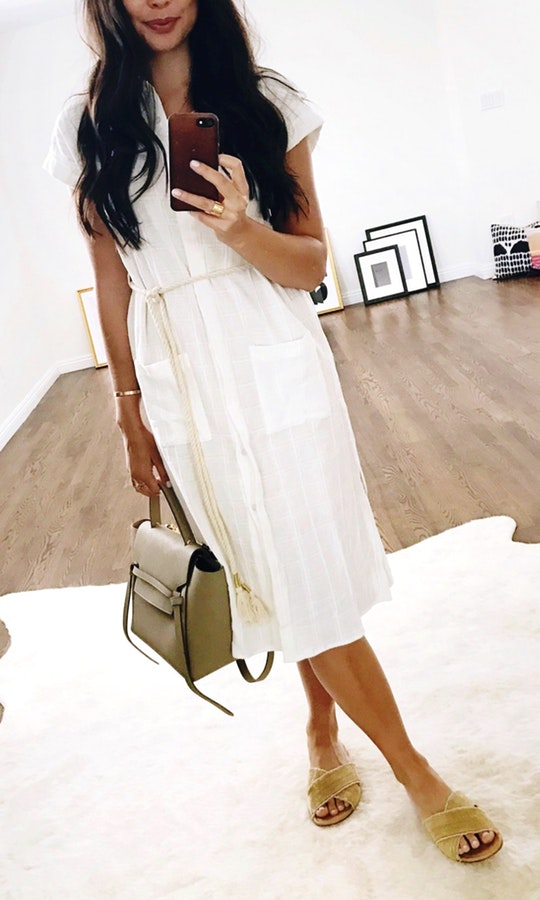 White Dress & Grey Leather Tote Bag