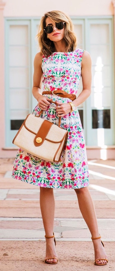 White Printed Dress & Nude Sandals