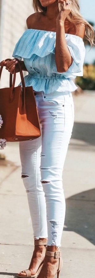 White Striped off-Shoulder Shirt + Distressed White Denim Jeans + Brown Leather Tote Bag.