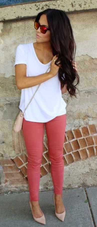 White Tee + Pink Skinny Jeans + Nude Pumps