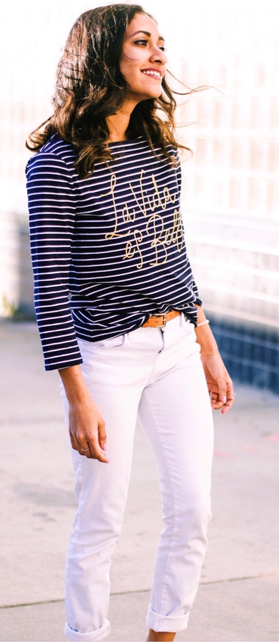 White and black stripe long-sleeved shirt.