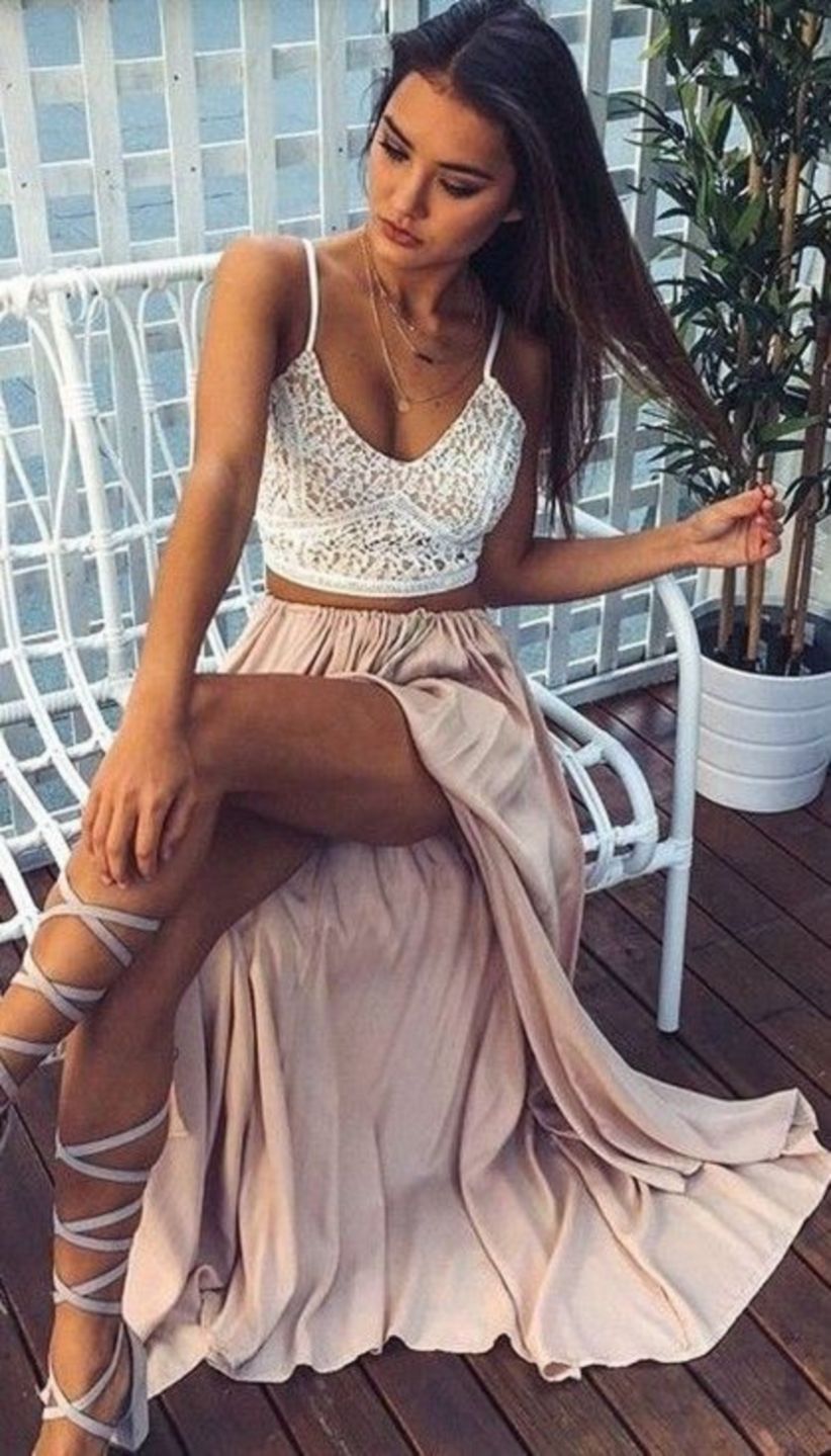 White lace top maxi skirt lace up heels.