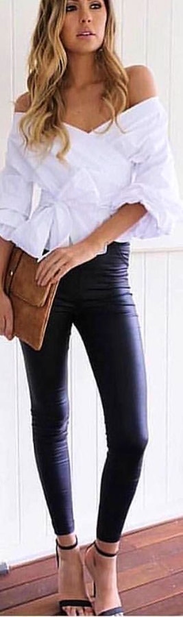White off-Shoulder Long-Sleeve Top + Black Leggings + Brown Handbag + Black High Heels .