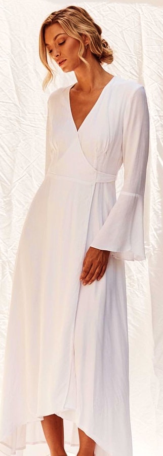 White v-neck long-sleeved dress.