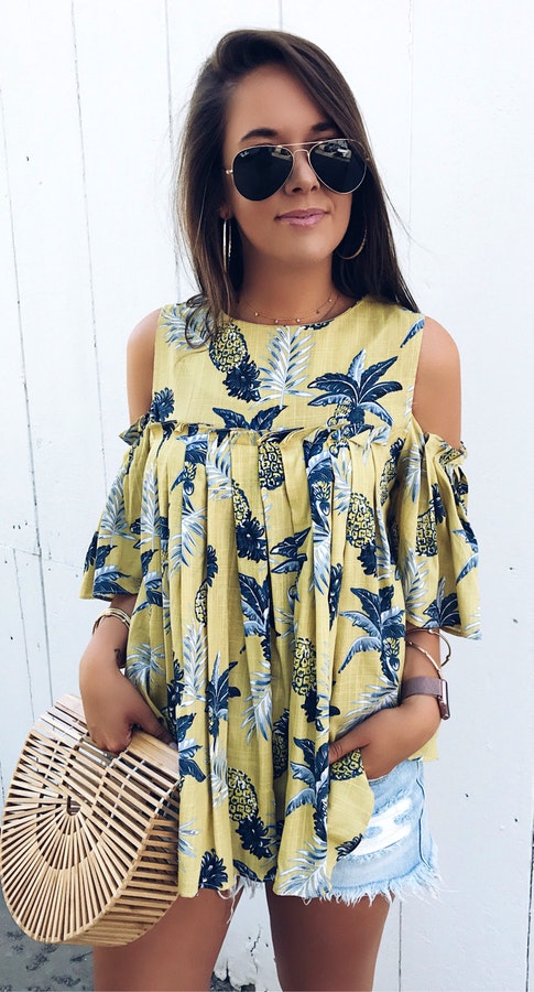 Yellow Printed Cold Shoulder Top + Ripped Denim Short