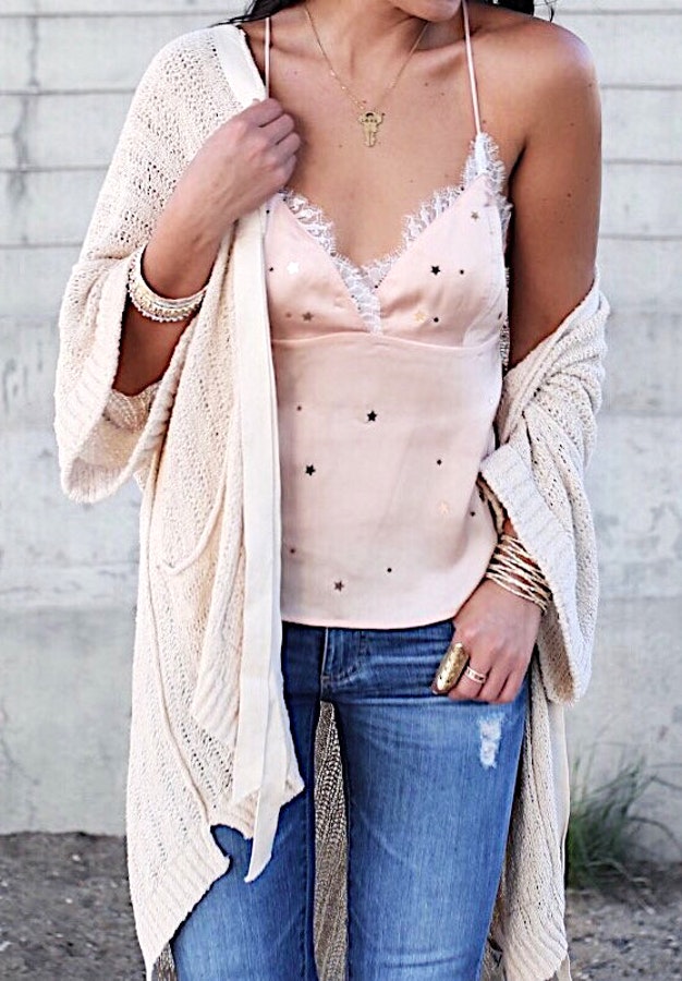 #summer #outfits Baby Pink Cami + Ripped Skinny Jeans + Beige Cardigan.