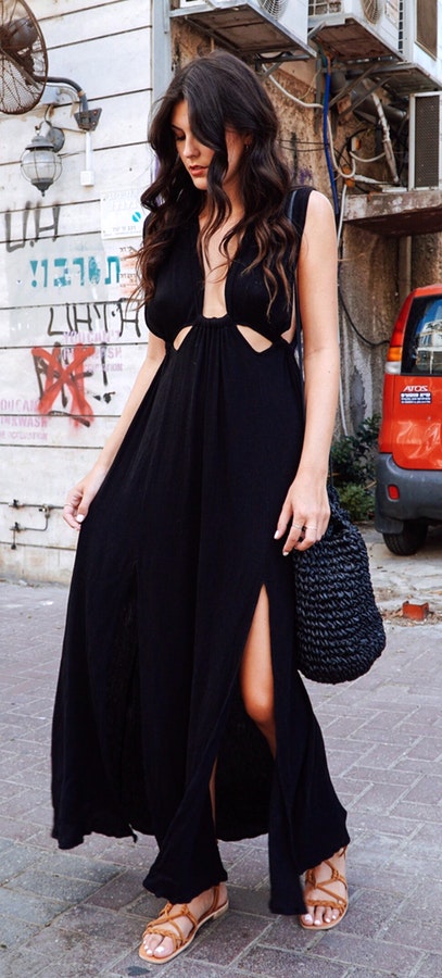 Black Maxi Dress + Brown Sandals + Black Shoulder Bag.