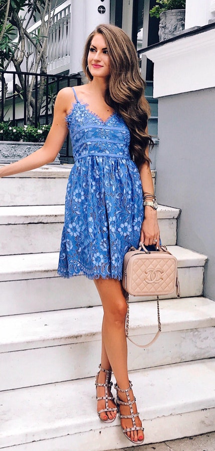 #summer #outfits Blue Printed Dress + Grey Studded Sandals