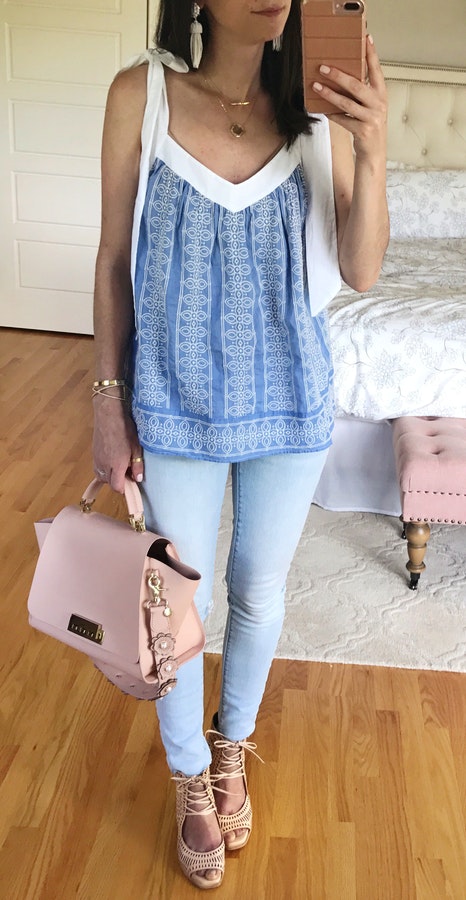 #summer #outfits Blue Printed Tank + Bleached Skinny Jeans + Blush Tote Bag.