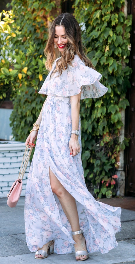 #summer #outfits Florals But Also Maxi, Front Slit, And Draped Shoulders.