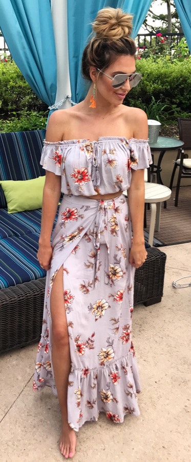 #summer #outfits Grey Floral Off The Shoulder Top & Maxi Skirt.