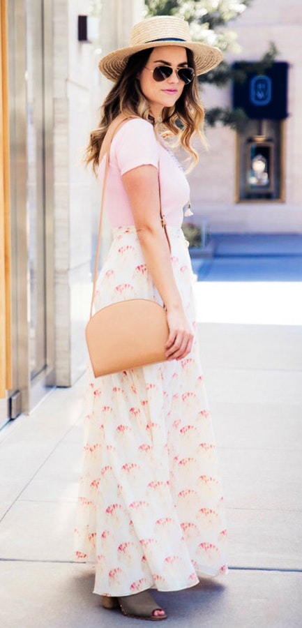 #summer #outfits Light Hat + Pink Top + White Printed Maxi Skirt.