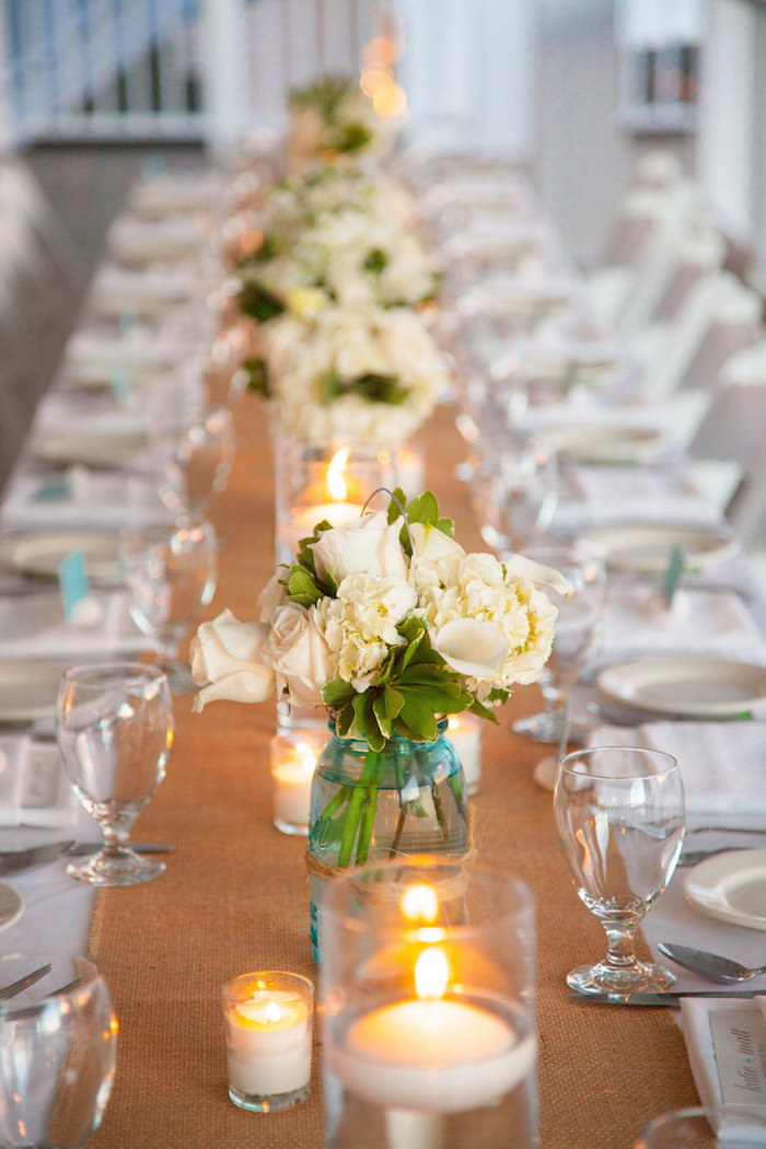 A table runner will add some interest to a white tablecloth.