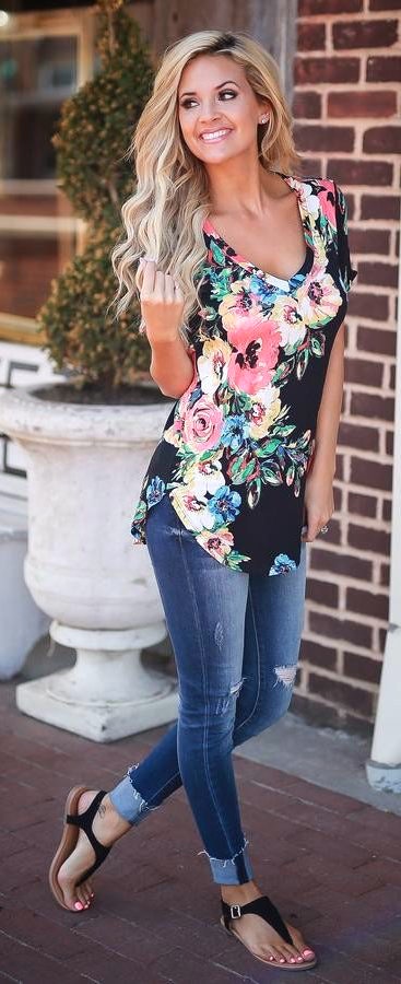 Black Floral Top + Ripped Skinny Jeans.