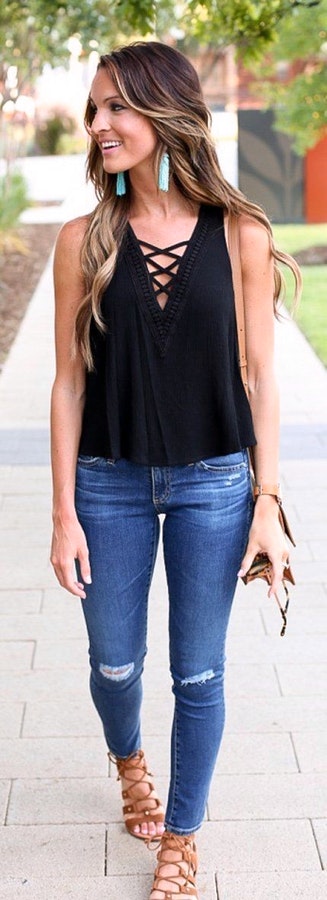 Black Lace-up Tank + Ripped Skinny Jeans.