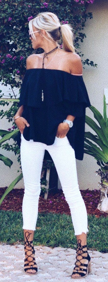 Black Off The Shoulder Blouse + White Crop Skinny Jeans + Black Sandals.