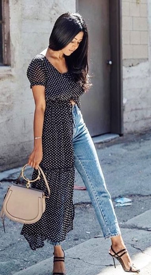Black and white polka dots dress and blue jeans.