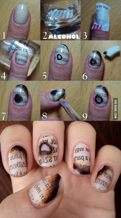 Burnt newspaper nail design