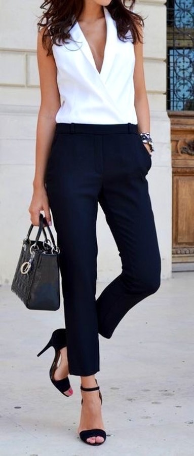 Classic Style Outfit For Work. Black Trousers And White Deep V Top.