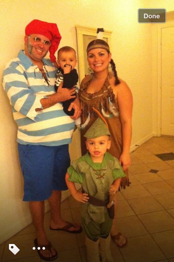Family Halloween costumes Peter Pan Mr. Smee and Tiger Lily.