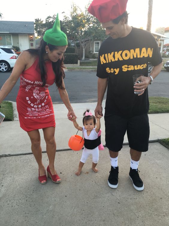 Family costume soy sauce musubi and siracha.