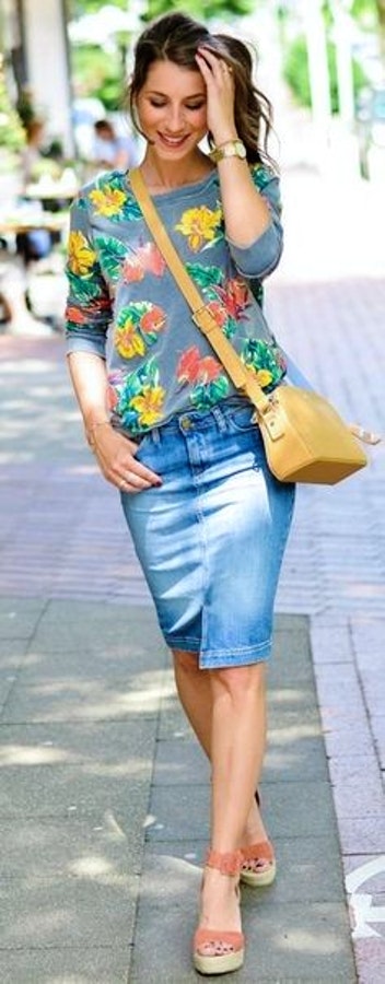 Floral Top + Denim Skirt.