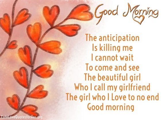 Good morning the anticipation is killing me I cannot wait to come and see the beautiful girl who I call my girlfriend the girl who I love to no end good morning