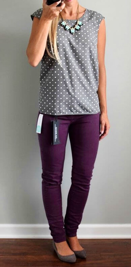 Grey Dotted Tank + Purple Skinny Jeans.