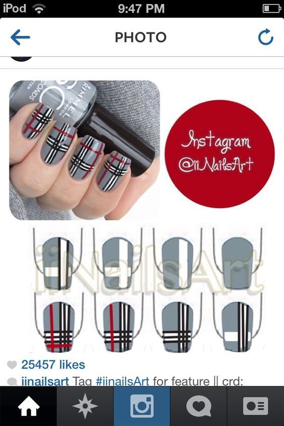 Grey and red plaid nails