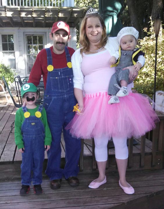 Mario Luigi Princess Peach and Toadstool Family Halloween costumes.