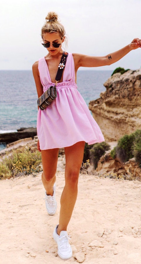 #summer #outfits Pink Dress + White Sneakers.