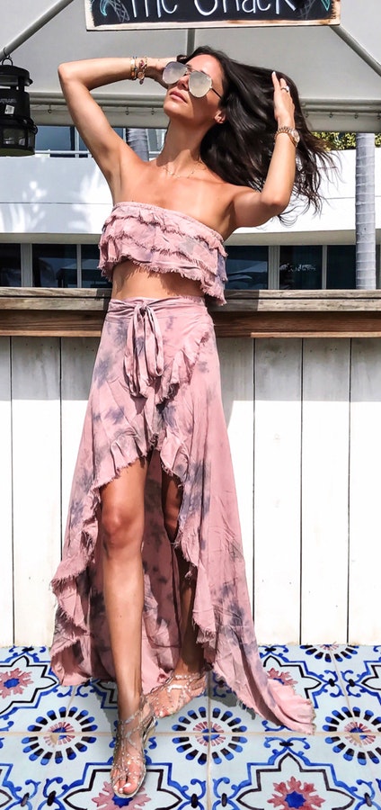 #summer #outfits Pink Off The Shoulder Crop + Pink Printed Maxi Skirt.