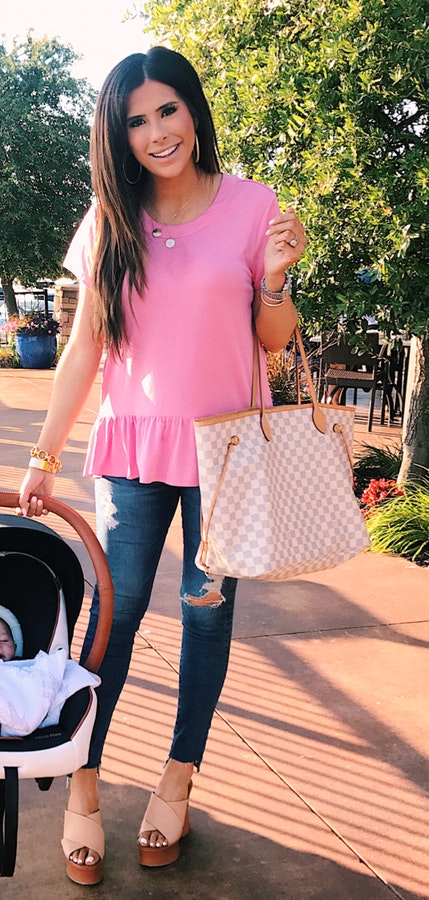 #summer #outfits Pink Peplum Top + Destroyed Skinny Jeans + Gingham Tote Bag.