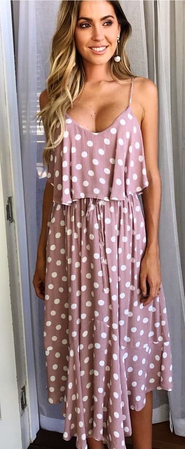 Pink and white polka dot spaghetti strap maxi dress.