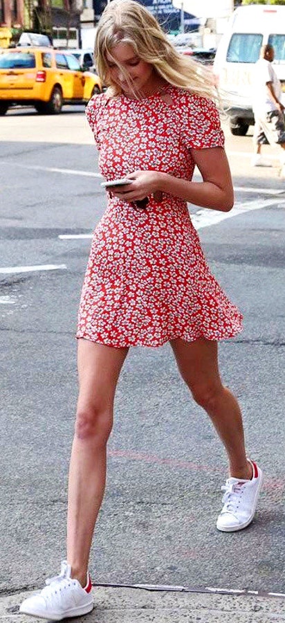 Red Printed Dress + White Sneakers.