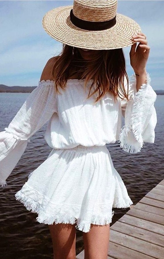 Round Hat + White Off The Shoulder Dress.