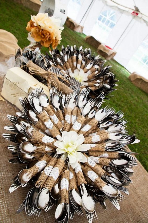 Rustic Cutlery Display Idea Wrapped Silverware For Wedding Table Decor
