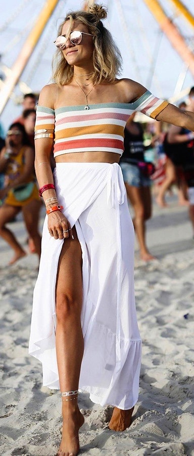 Striped Off The Shoulder Top + White Wrap Maxi Skirt.