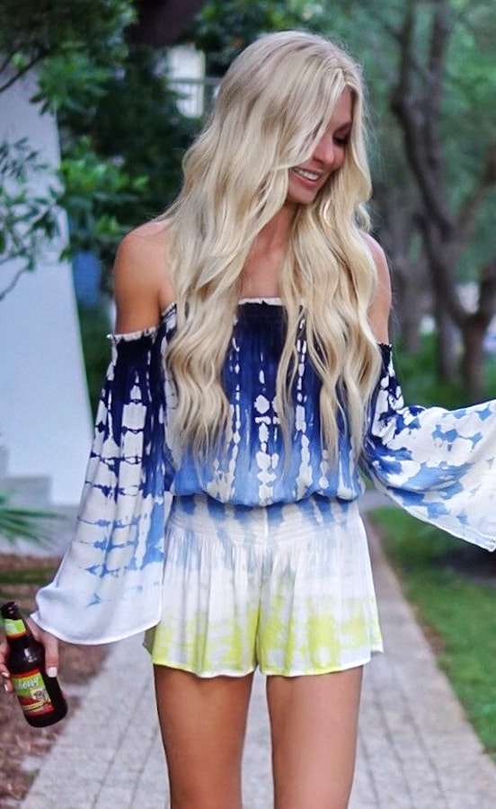 #summer #outfits Tie Dye Off The Shoulder Romper.