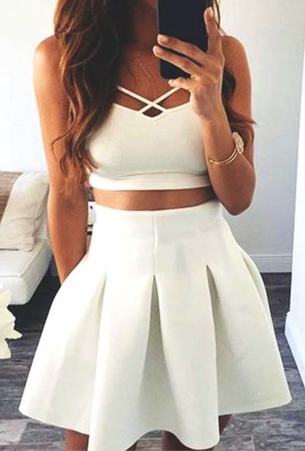 White Two Pieces Short Prom Dress. Cute Homecoming Dress.