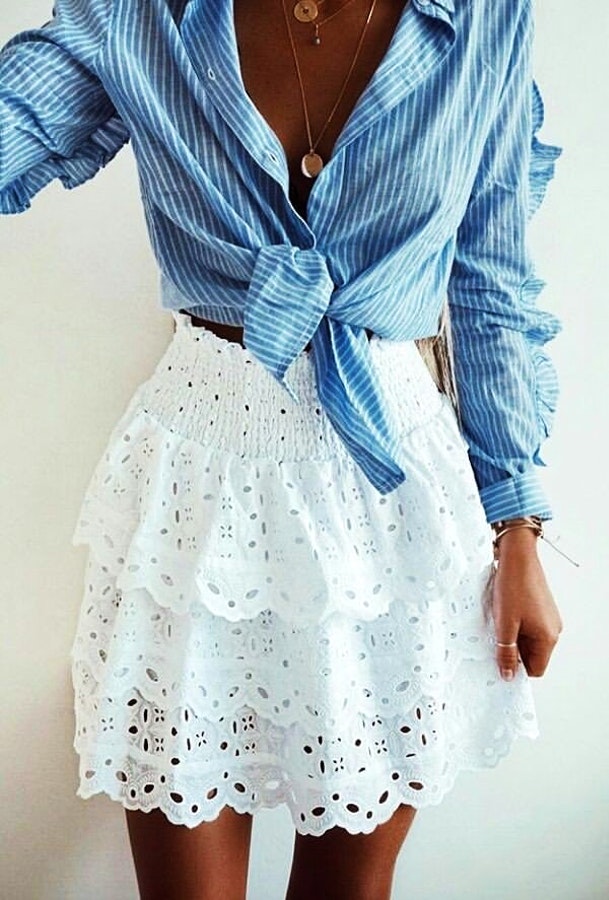 Women's blue and white pinstripe dress shirt.