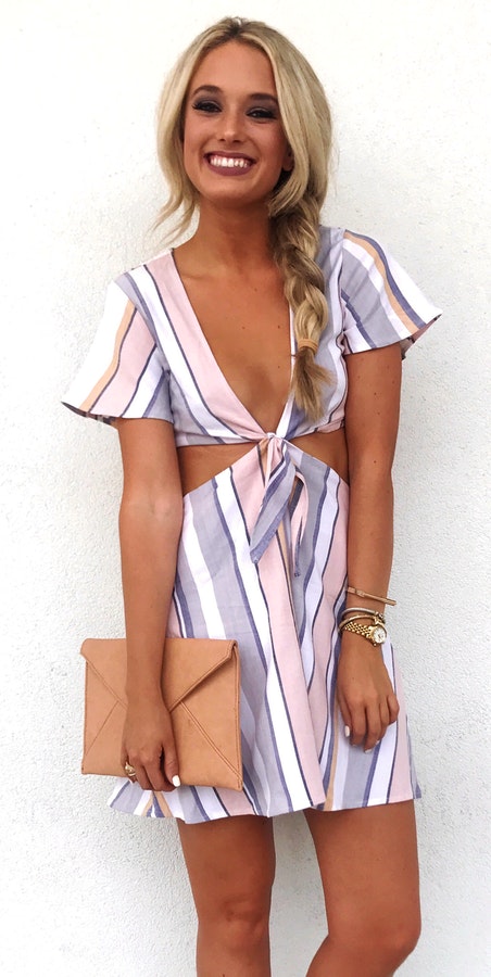 Women's pink, white, and gray stripe short-sleeved plunging rompers.