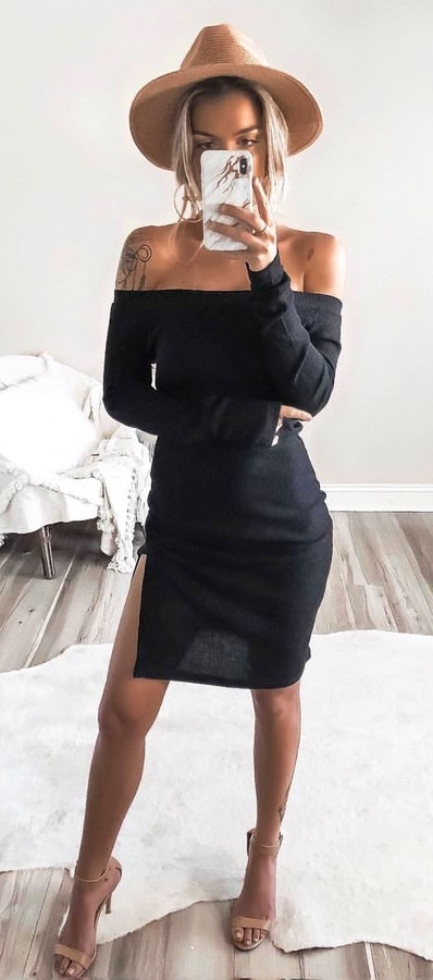 #Summer #StreetStyle #Outfits #Dress black off-shoulder bodycon dress.