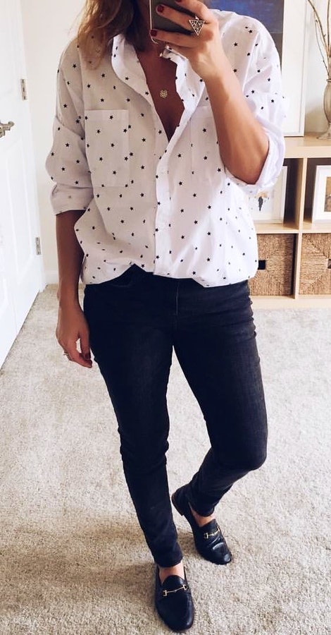 #Summer #StreetStyle #Outfits #Dress white and black polka-dotted button-up long-sleeve shirt