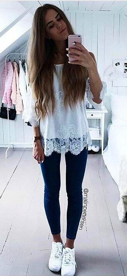 #Summer #StreetStyle #Outfits #Dress white lace elbow-sleeved blouse with blue denim jeans