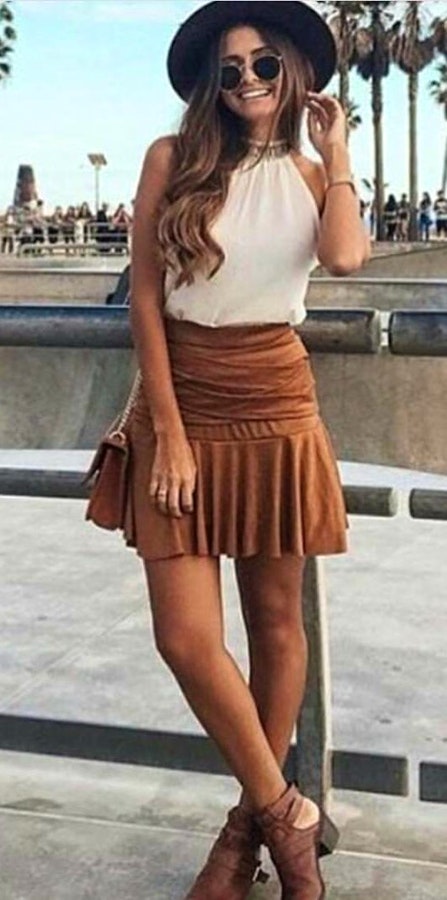 #Summer #StreetStyle #Outfits #Dress white sleeveless top and brown skirt