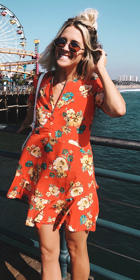 women's red and yellow floral dress.