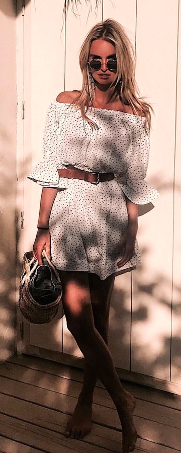women's white and black polka dots off-shoulder midi dress.