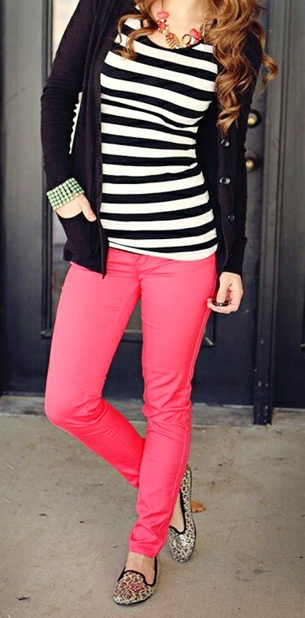 Black Cardigan + Striped Tank + Red Skinny Jeants.