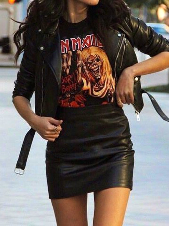 Black Leather Jacket + Printed Tee + Black Skirt.